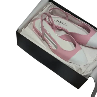 Chanel Pink Patent Leather Slingback Flats White Cap Toe Size 38.5 FR