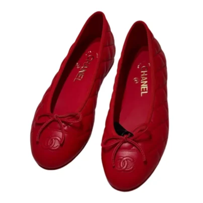 Chanel Red Lambskin Quilted CC Cap Toe Ballerina Flats 38 FR