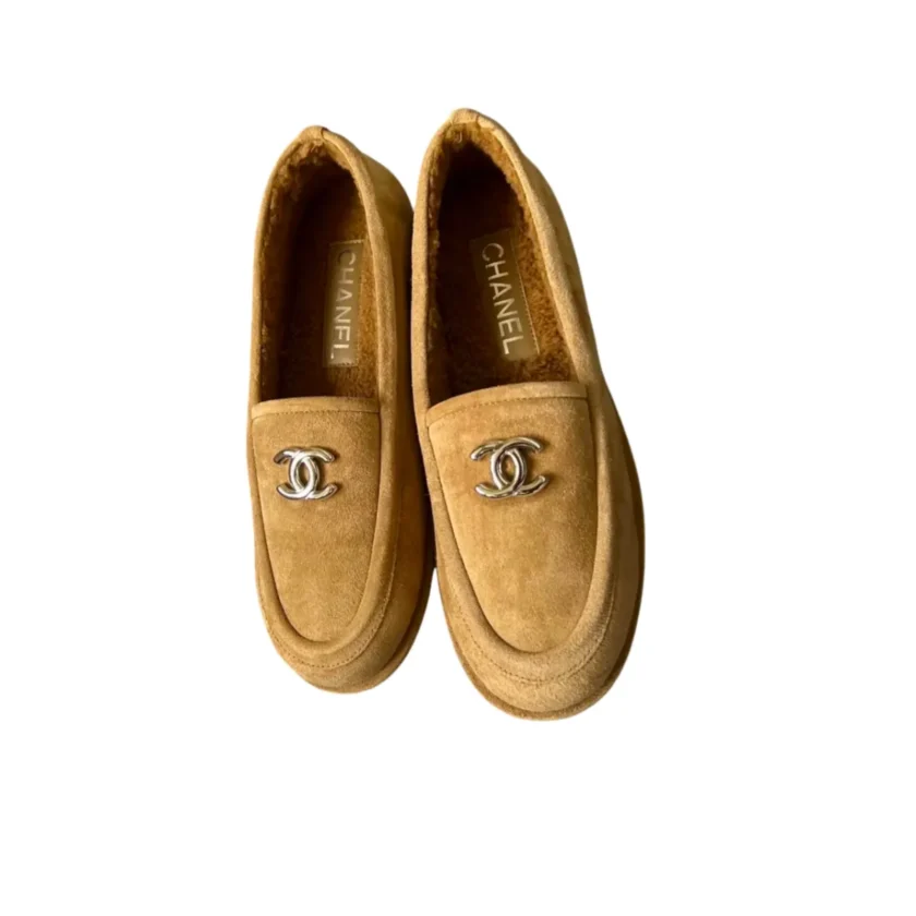 Chanel Shearling Suede Calfskin CC Loafers Dark Beige Size 39.5 FR