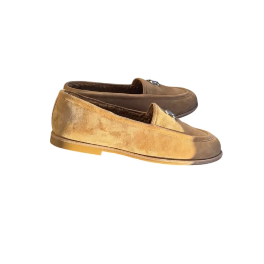 Chanel Shearling Suede Calfskin CC Loafers Dark Beige Size 39.5 FR side