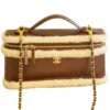 Chanel Top Handle Long Vanity Case with Chain Dark Brown Calfskin Ecru Shearling Gold Hardware