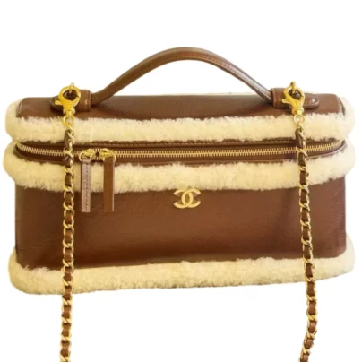 Chanel Top Handle Long Vanity Case with Chain Dark Brown Calfskin Ecru Shearling Gold Hardware