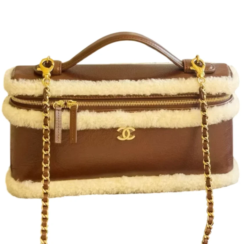 Chanel Top Handle Long Vanity Case with Chain Dark Brown Calfskin Ecru Shearling Gold Hardware