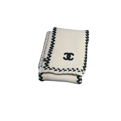 Chanel White Cashmere Knit CC Logo Scarf