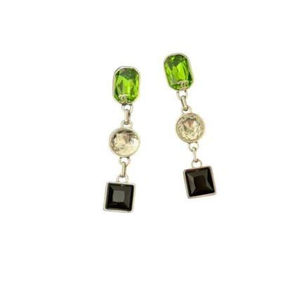 Chanel pendant earrings in silvery metal black green and crystal