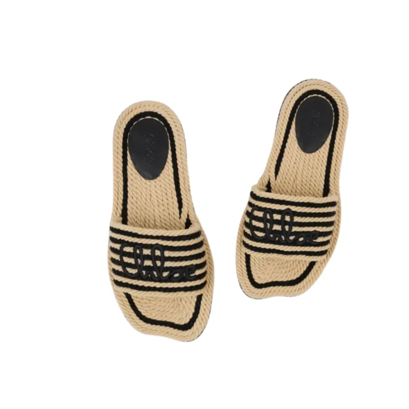 Chloé Sand Slide Sandals in Black and White Recycled Hand Braided Cord