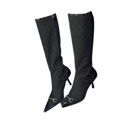 Gucci Savoy Horsebit GG Canvas Knee-High Boots Black Size 40 FR