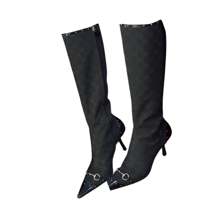 Gucci Savoy Horsebit GG Canvas Knee High Boots Black Size 40 FR