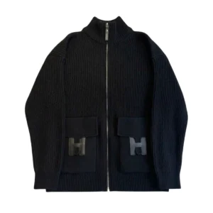 Hermes Black Ribbed Wool Knit Zip Jacket with Leather H Pockets