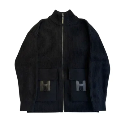 Hermes Black Ribbed Wool Knit Zip Jacket with Leather H Pockets