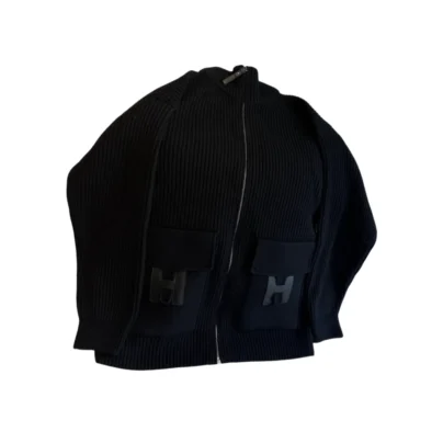 Hermes Black Ribbed Wool Knit Zip Jacket with Leather H Pockets