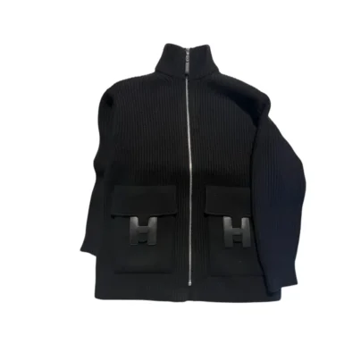 Hermes Black Wool Zip Jacket Leather H Pockets Size FR36