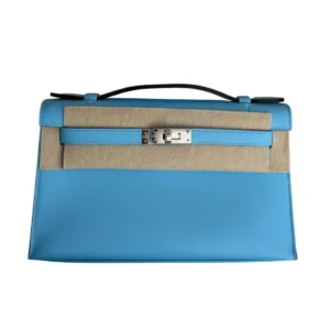 Hermes Kelly Pochette Bleu Celeste Swift Palladium Hardware