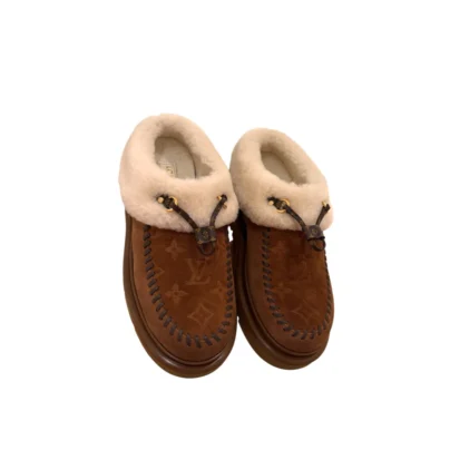 Louis Vuitton Cortina Closed Mule Brown Suede Shearling Slippers