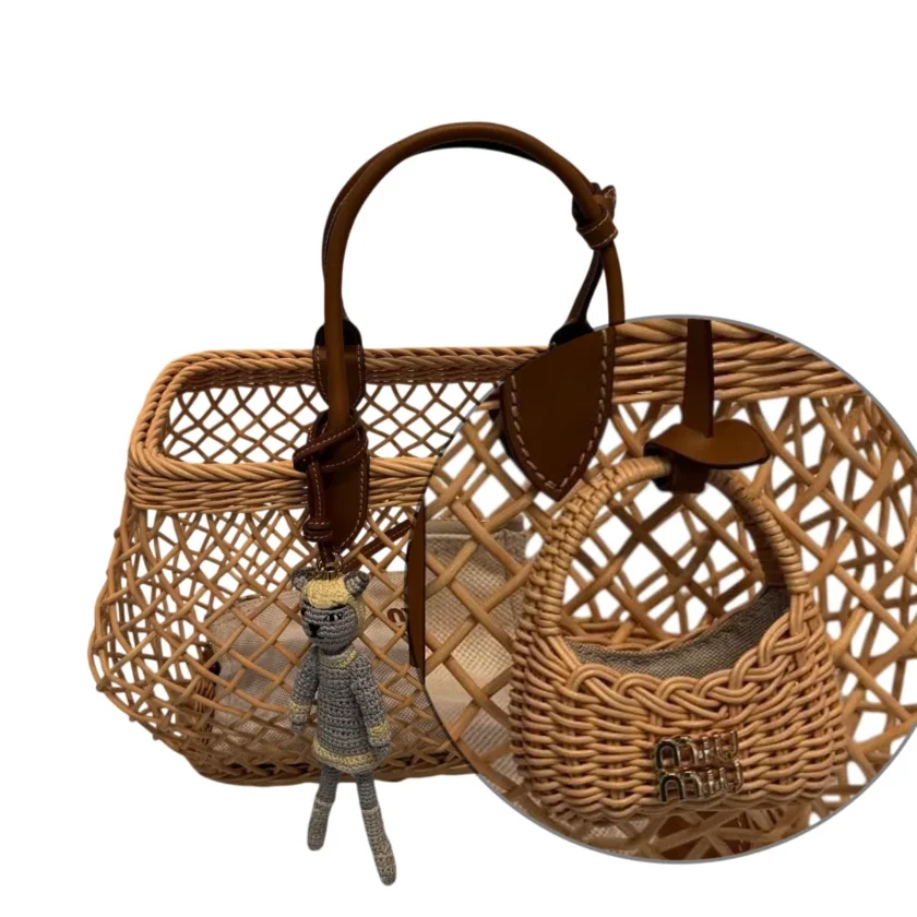 Miu Miu Interwoven Raffia Basket Tote Bag basket charm