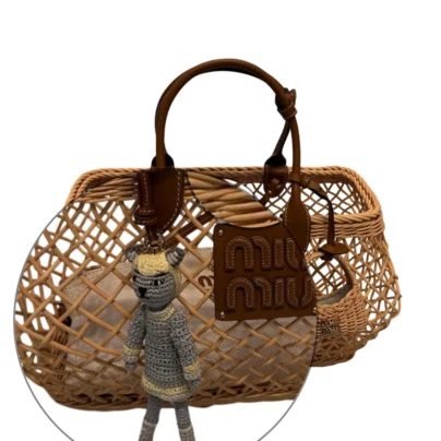 Miu Miu Interwoven Raffia Basket Tote Bag with doll charm