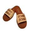 Miu Miu Raffia Logo Flat Slide Sandals Brown Beige