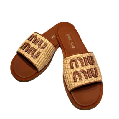 Miu Miu Raffia Logo Flat Slide Sandals Brown Beige