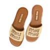 Miu Miu Raffia Logo Flat Slide Sandals Naturale:Brandy