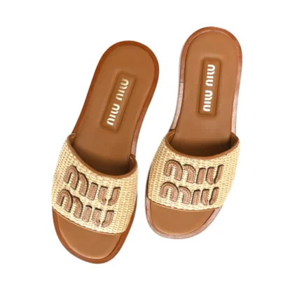 Miu Miu Raffia Logo Flat Slide Sandals Naturale:Brandy