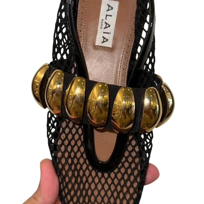 New Alaïa Black Mesh Pebble Jewel Ballet Flats