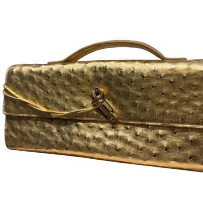 New Bottega Veneta Andiamo Clutch in Metallic Gold Ostrich Leather