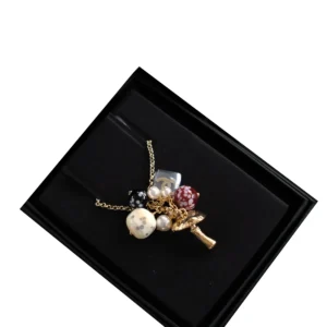 New Chanel 26K Mushroom Pendant Necklace Gold Tone CC Logo Charm with Pearl & Resin Beads