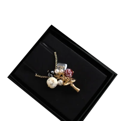 New Chanel 26K Mushroom Pendant Necklace Gold Tone CC Logo Charm with Pearl & Resin Beads