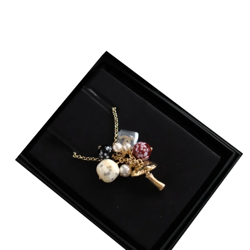 New Chanel 26K Mushroom Pendant Necklace Gold Tone CC Logo Charm with Pearl & Resin Beads