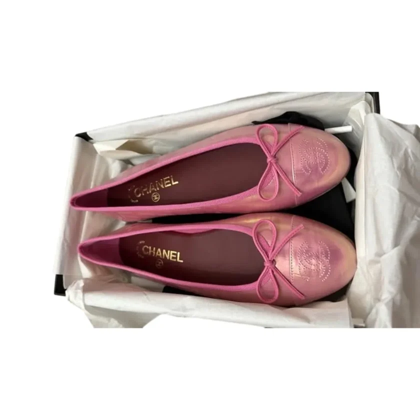 New Chanel Ballet 2026 Flats Pink Iridescent Croc embossed Cap Toe Ballerina Shoes 39 FR