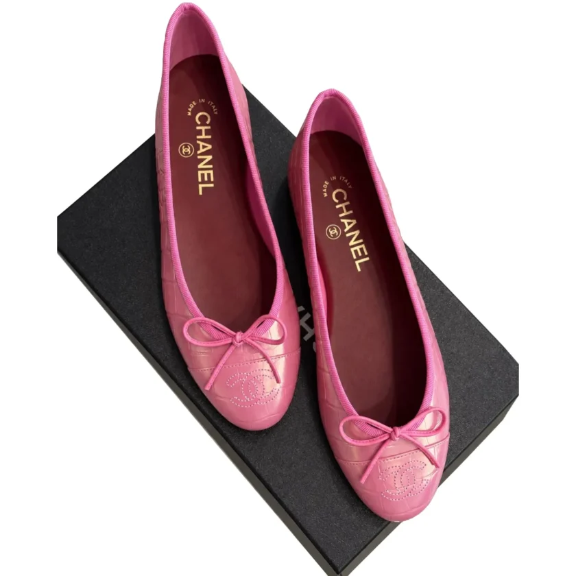 New Chanel Ballet Flats 2026 Pink Iridescent Crocodile Embossed Leather 39 FR