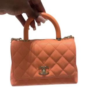 New Chanel Mini Coco Handle Flap Bag Coral Pink Caviar Light Gold Hardware