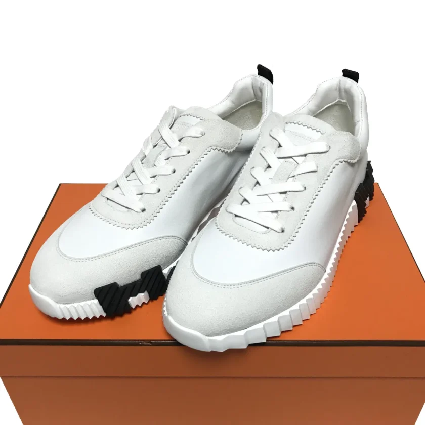 New Hermès Bouncing Sneakers White Black Calfskin Suede Size 43 FR