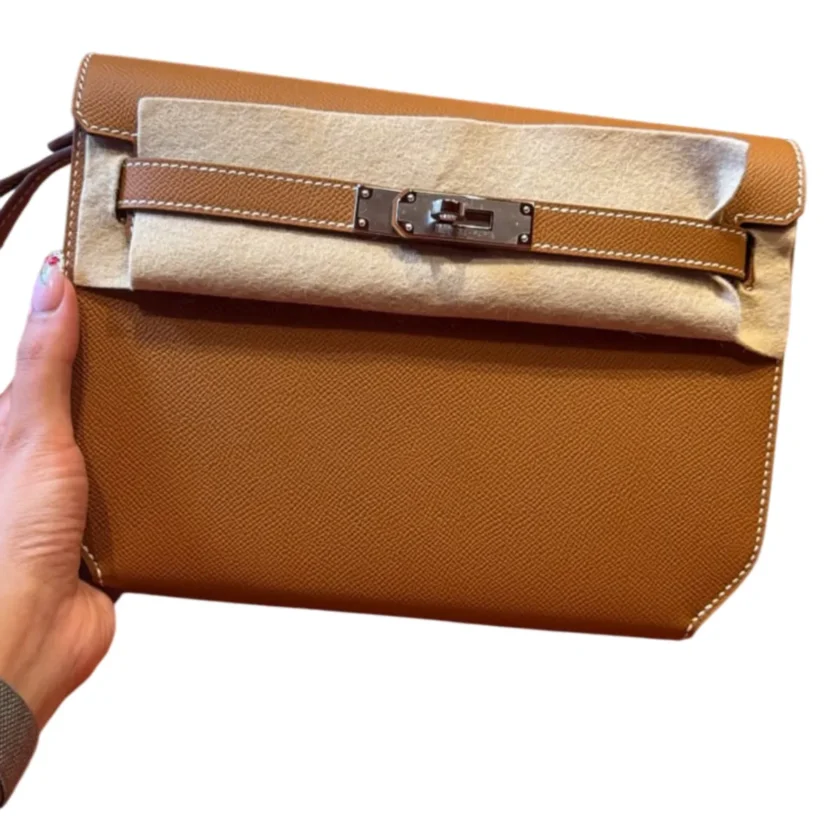 New Hermes Kelly Depeches 25 Pouch Gold Epsom Palladium Hardware
