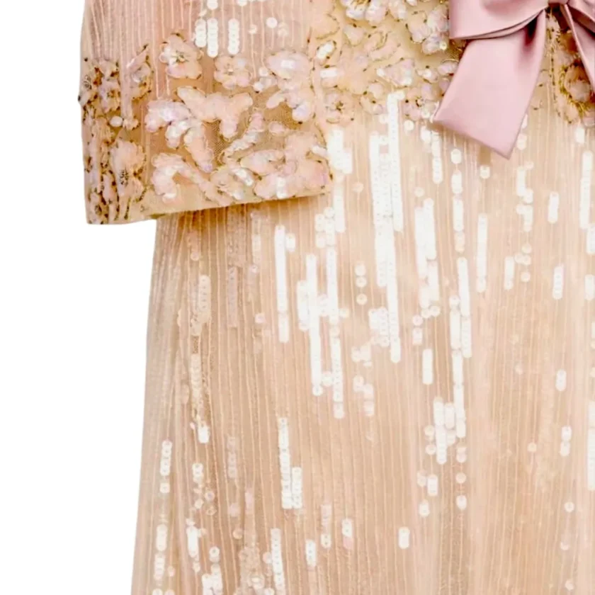 New Valentino Garavani Bow Front Sequined Tulle Mini Dress Nude Pink Evening Gown