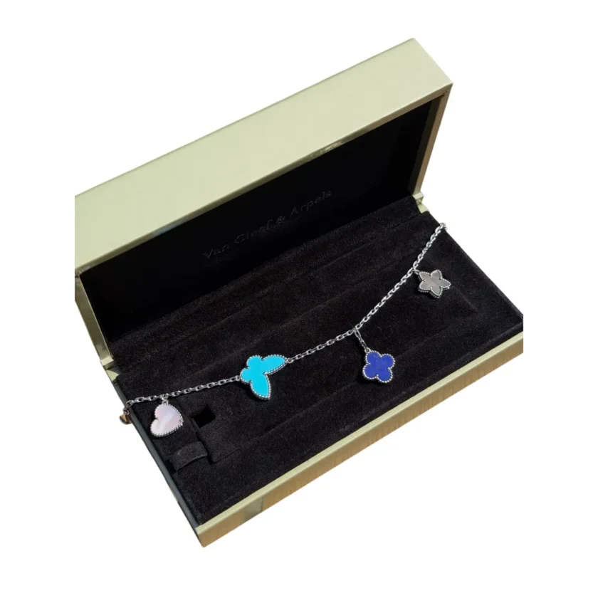 New Van Cleef & Arpels Lucky Alhambra 4 Motif Bracelet Turquoise 18K White Gold Mother of pearl