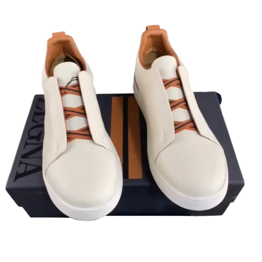 New ZEGNA White Leather Triple Stitch Slip On Sneakers Size 43 FR
