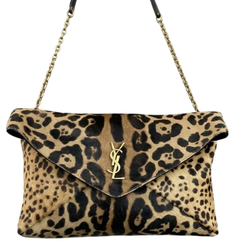 Saint Laurent Cassandre Large Chain Pouch Leopard Print Pony Hair Leather with shoulder strap