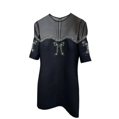Valentino Beaded Bow Embroidered Wool-Silk Mini Dress with Sheer Mesh Yoke