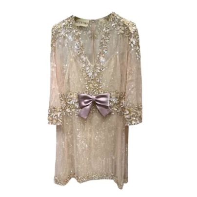 Valentino Garavani Bow-Front Sequined Tulle Mini Dress Nude Pink Evening Gown