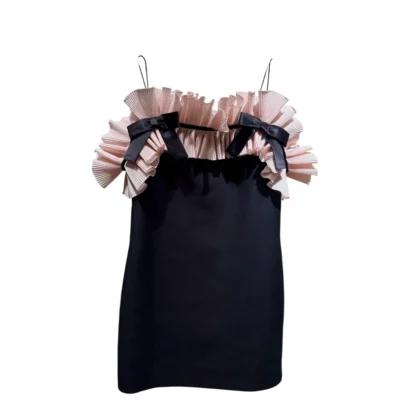 Valentino Garavani Crepe Couture Pleated Taffeta Ruffle Bow Mini Dress Black Pink
