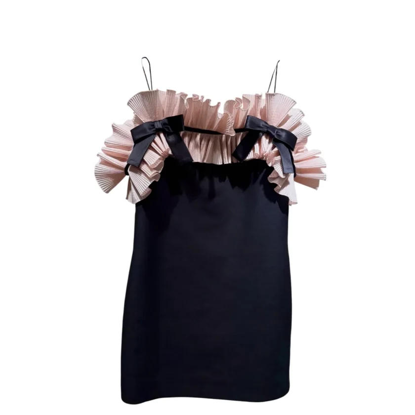 Valentino Garavani Crepe Couture Pleated Taffeta Ruffle Bow Mini Dress Black Pink