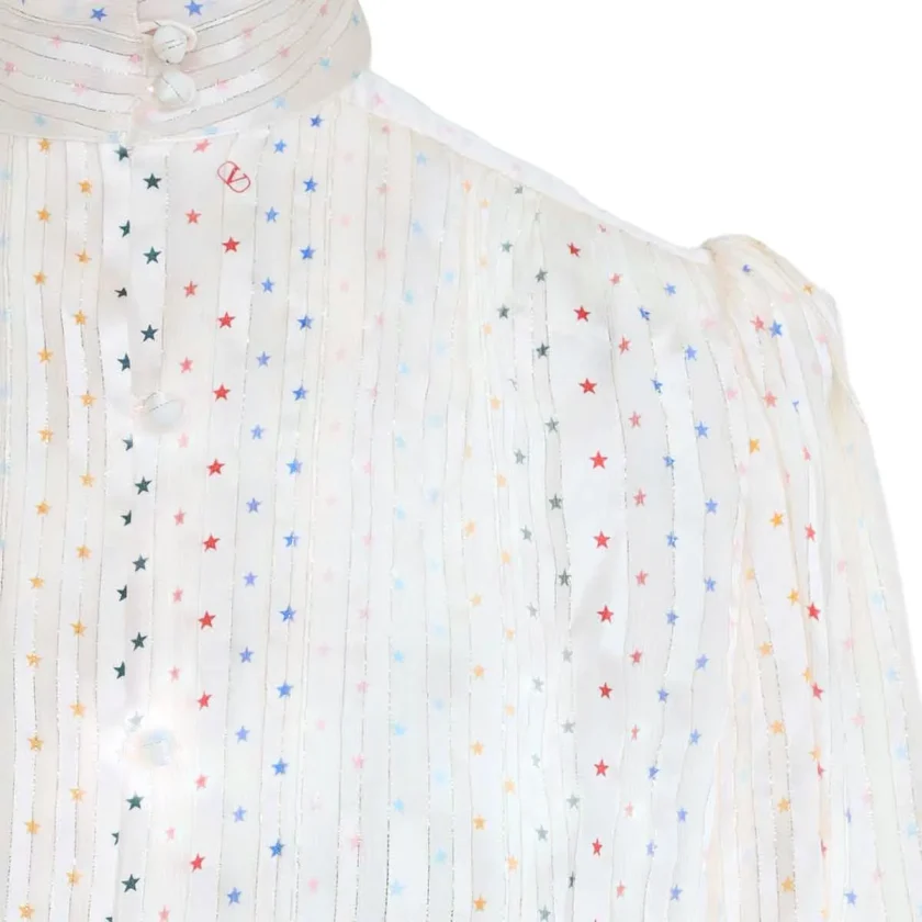 Valentino Garavani Star Print Silk Blouse with Olive Green Waist Tie detail